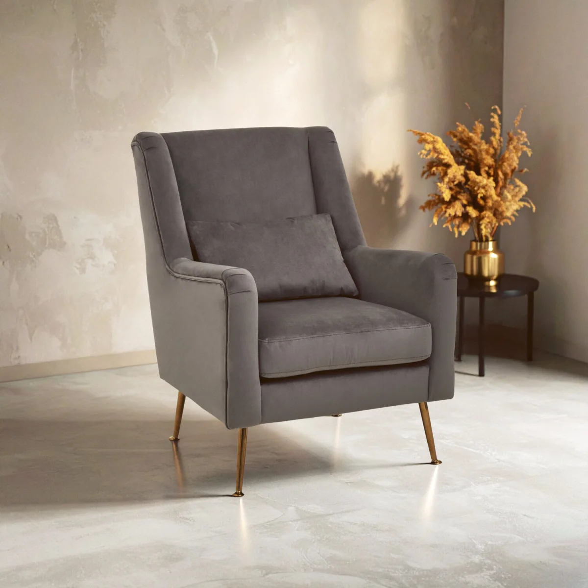 Doucet Grey Velvet Chair With Gold Finish Legs - Grey – image 1