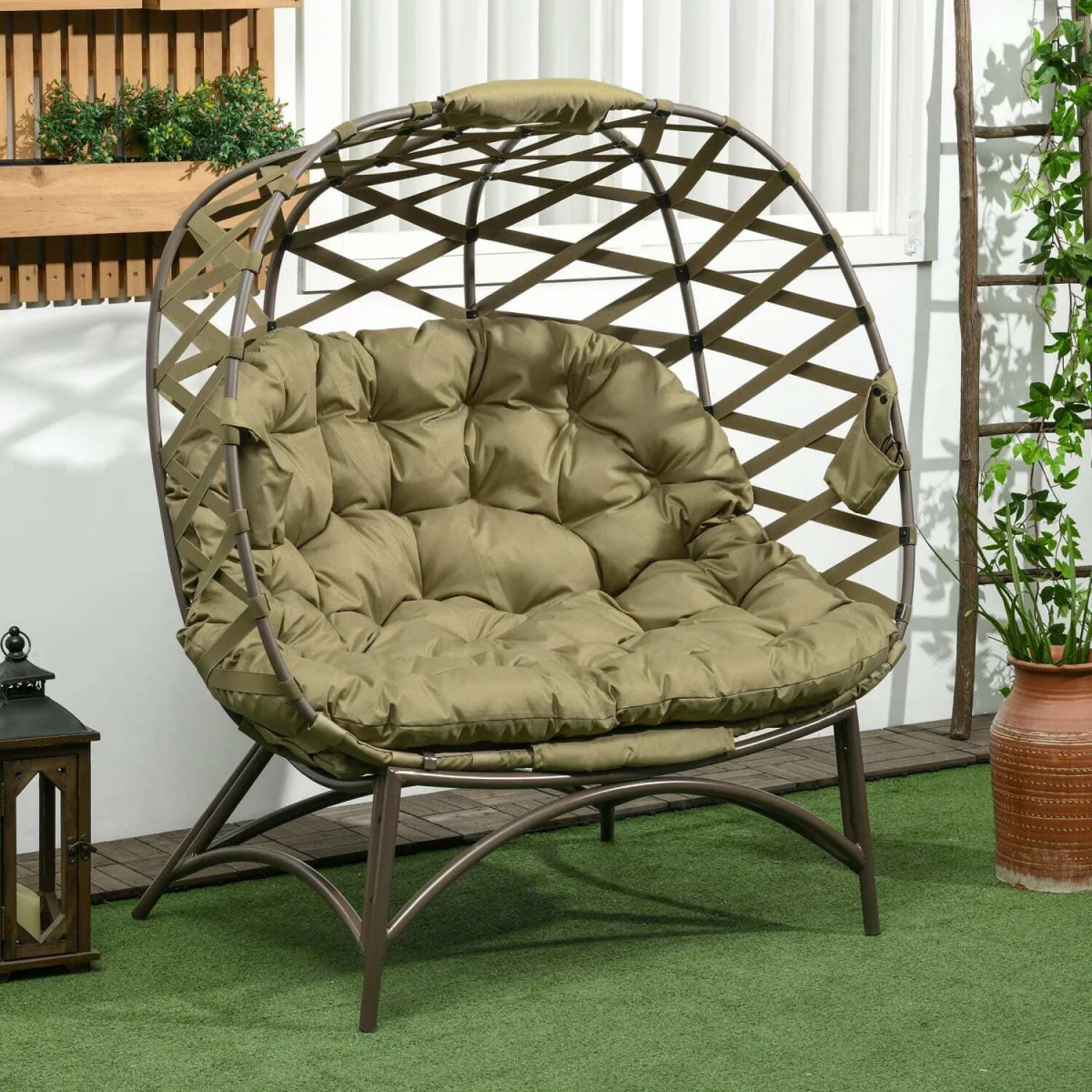 Vere Woven Rattan Khaki 2-Seater Folding Egg Chair with Cushions and Cup Holders – image 4