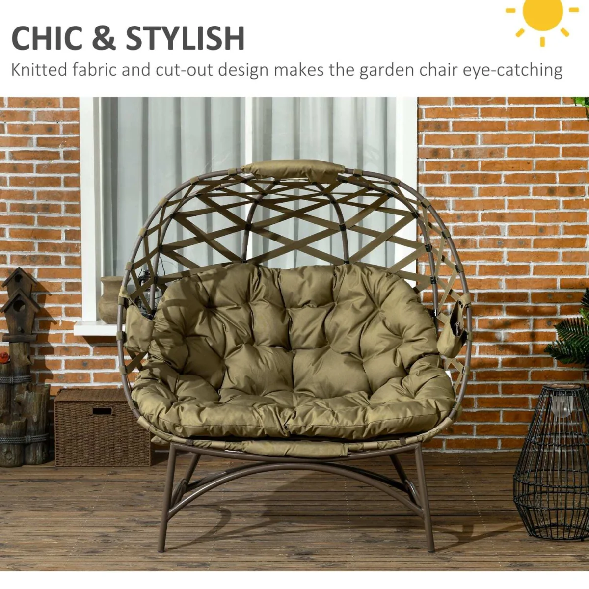 Vere Woven Rattan Khaki 2-Seater Folding Egg Chair with Cushions and Cup Holders – image 6