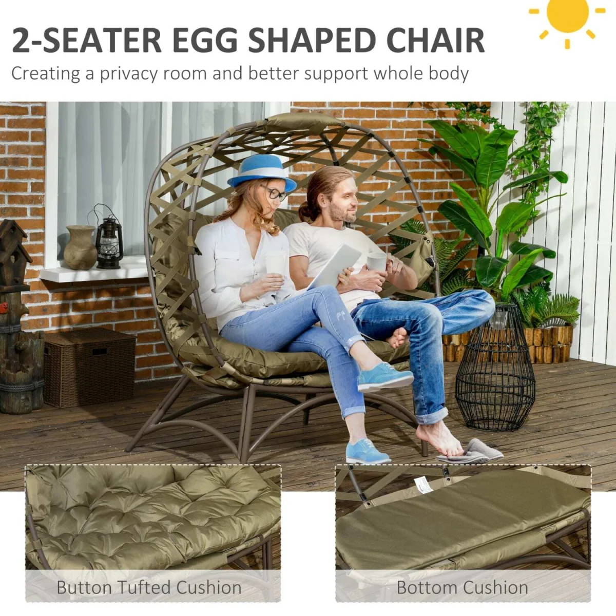 Vere Woven Rattan Khaki 2-Seater Folding Egg Chair with Cushions and Cup Holders – image 7