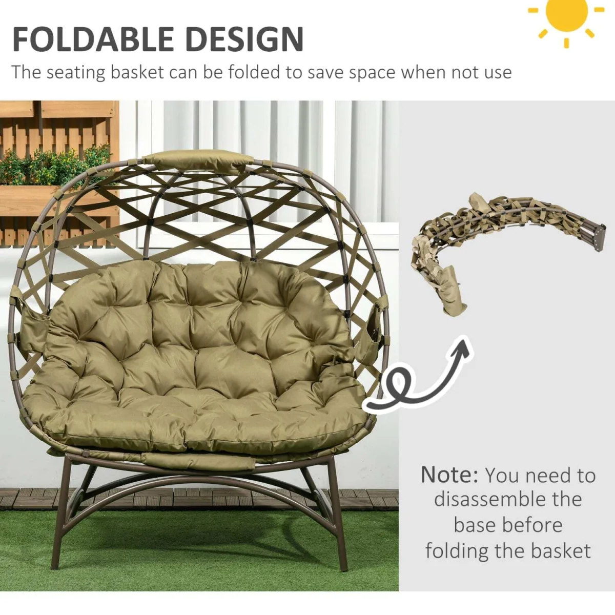 Vere Woven Rattan Khaki 2-Seater Folding Egg Chair with Cushions and Cup Holders – image 8