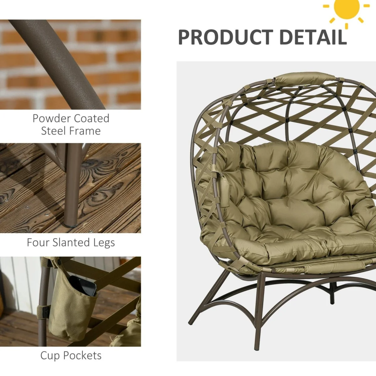 Vere Woven Rattan Khaki 2-Seater Folding Egg Chair with Cushions and Cup Holders – image 9