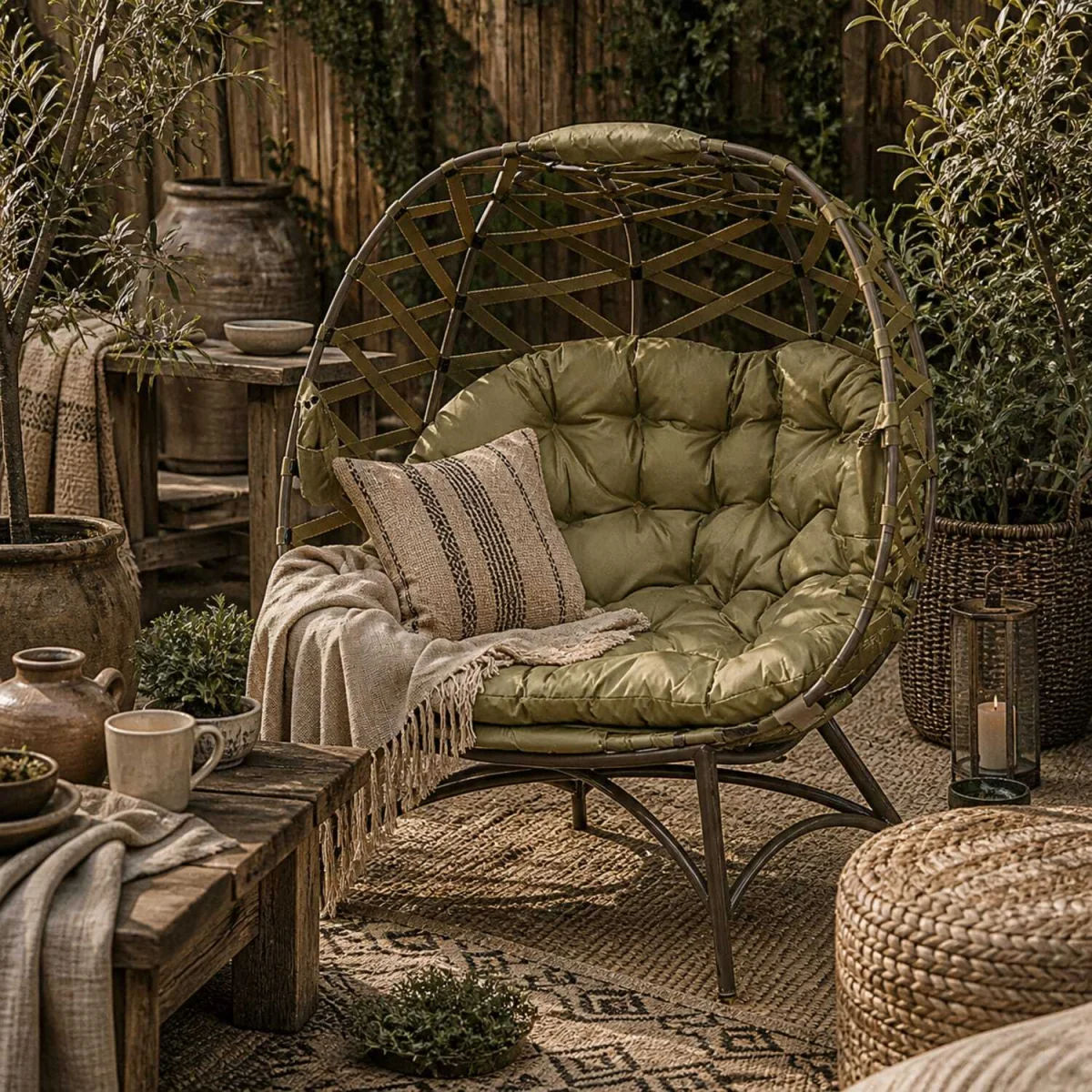Vere Woven Rattan Khaki 2-Seater Folding Egg Chair with Cushions and Cup Holders – image 1