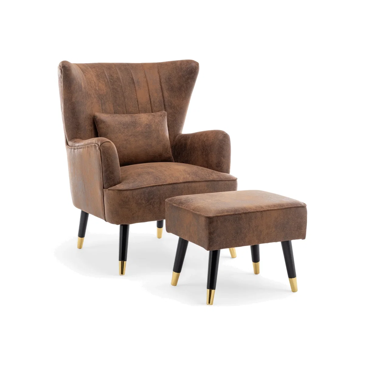 Faux Leather Suede Brown Camila Accent Chair with Footstool - Brown – image 1