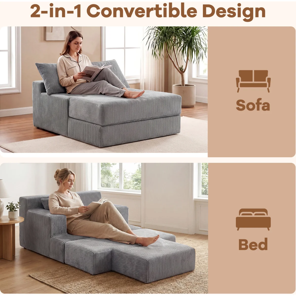 Convertible Sleeper Chair with Pillows - Grey – image 2