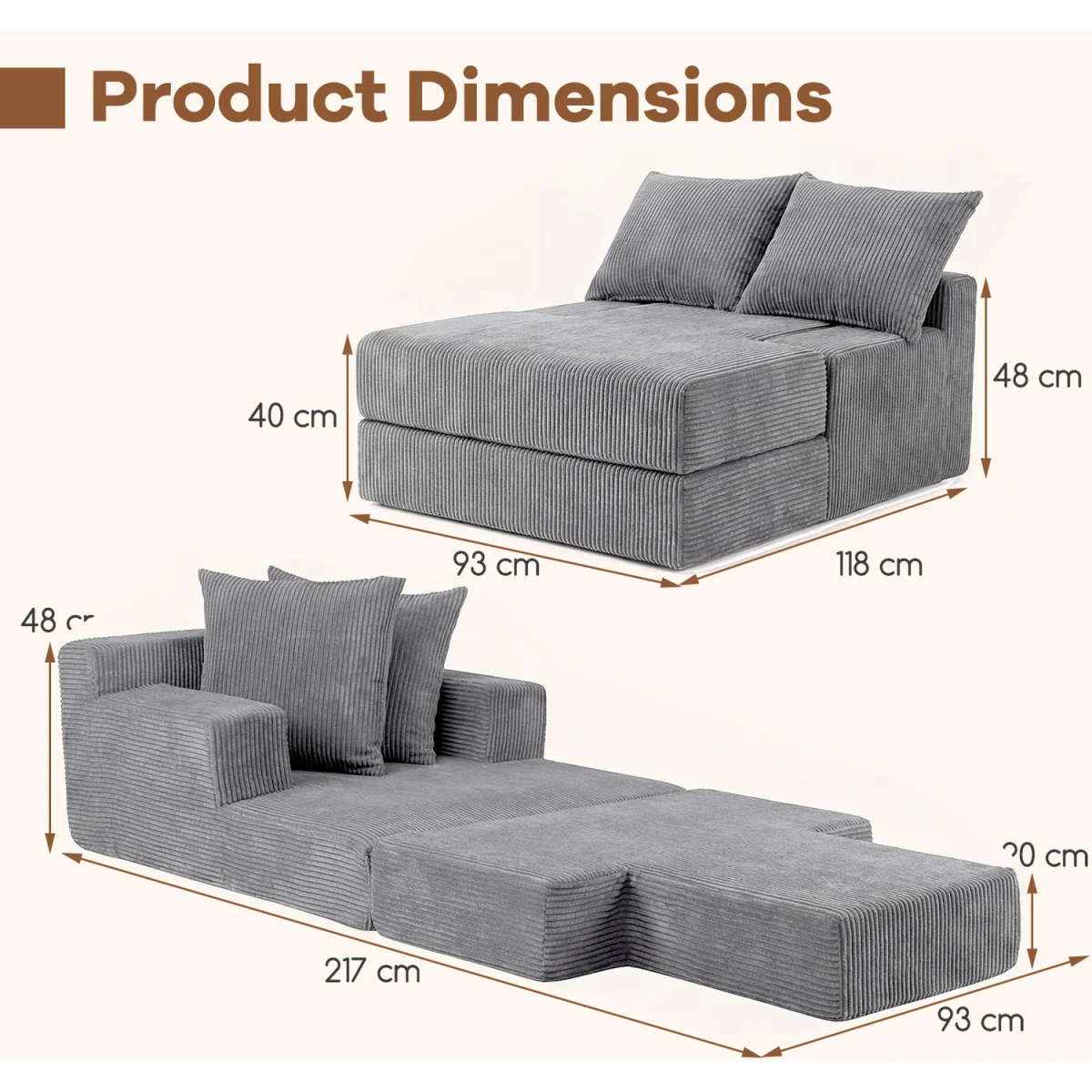 Convertible Sleeper Chair with Pillows - Grey – image 3