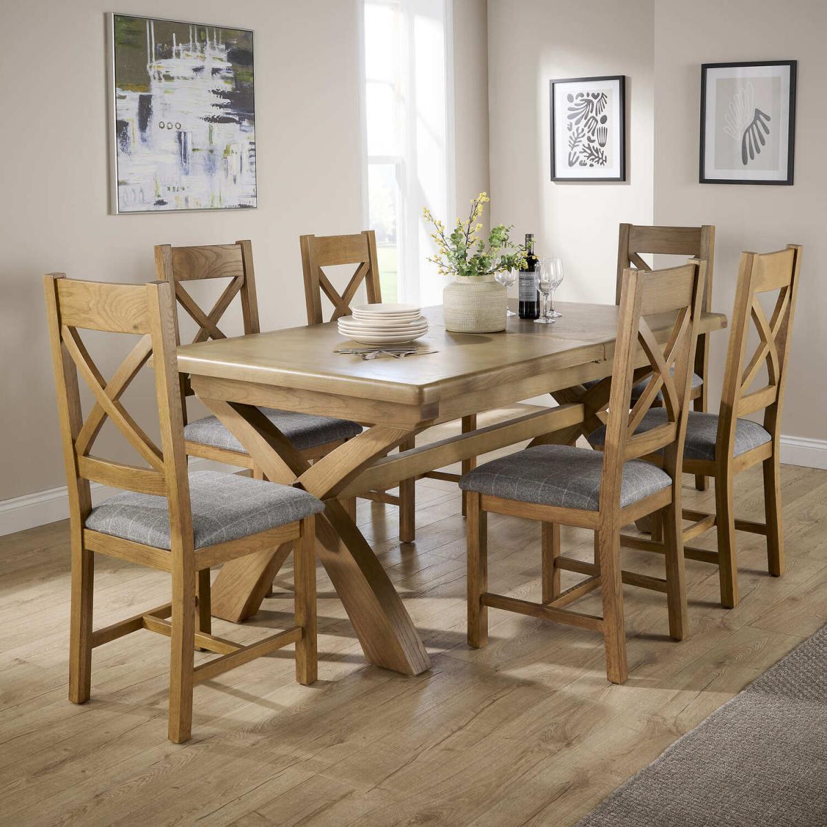 Bentley Oak Extending 2.3m Table and 6 Solid Oak Upholstered Seat Chairs - Grey Check