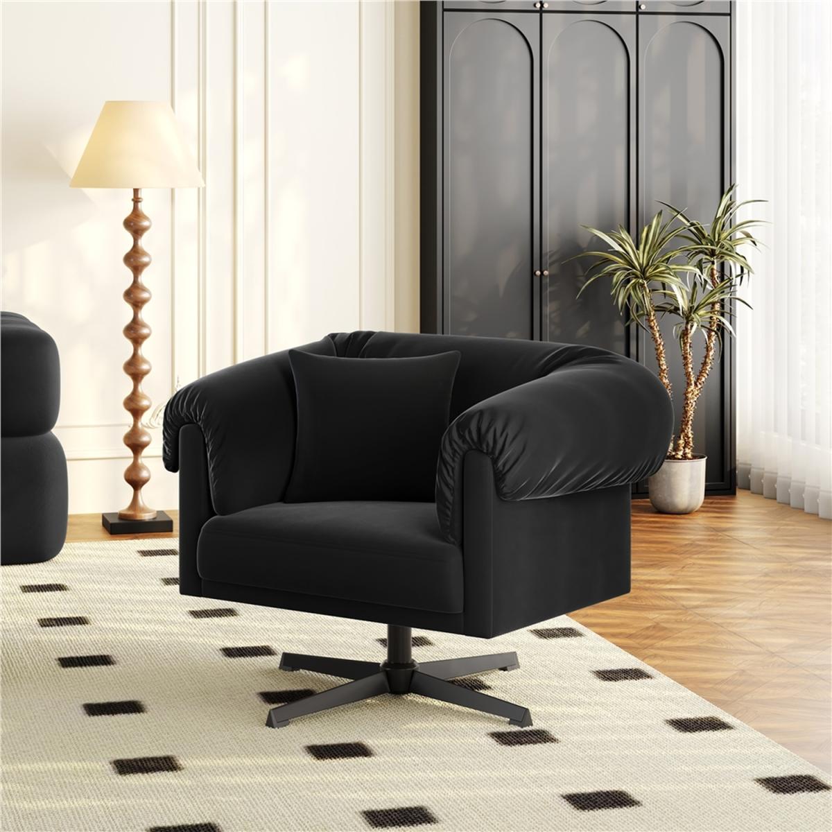 Swivel Velvet Accent Chair with Pillow - Black