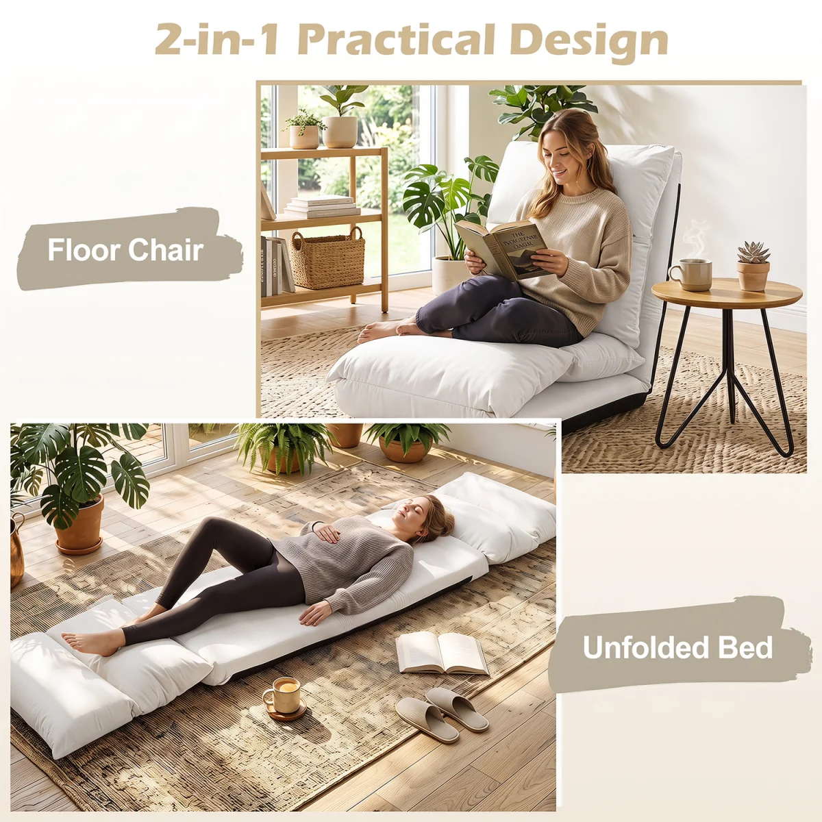 14 Level Adjustable Foldable Floor Chair with Back Support - White – image 2