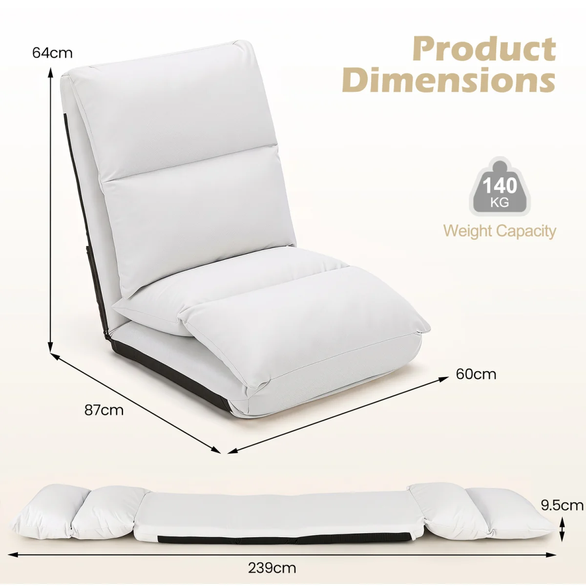 14 Level Adjustable Foldable Floor Chair with Back Support - White – image 3