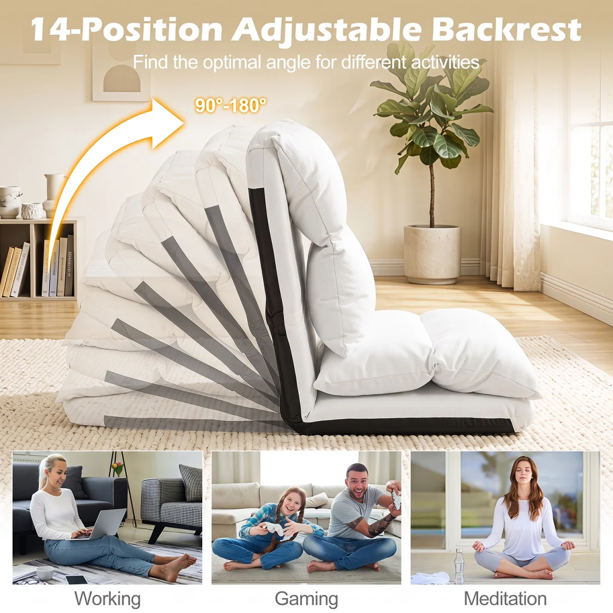 14 Level Adjustable Foldable Floor Chair with Back Support - White – image 6