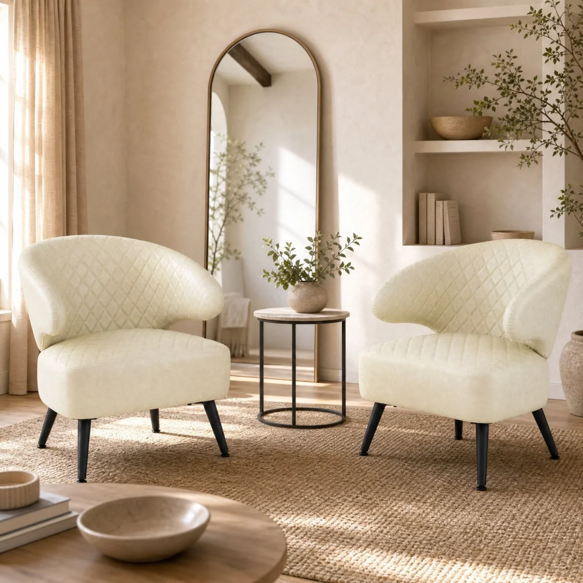 Mid Century Modern Upholstered Accent Chair with Comfy PU Leather - White – image 3