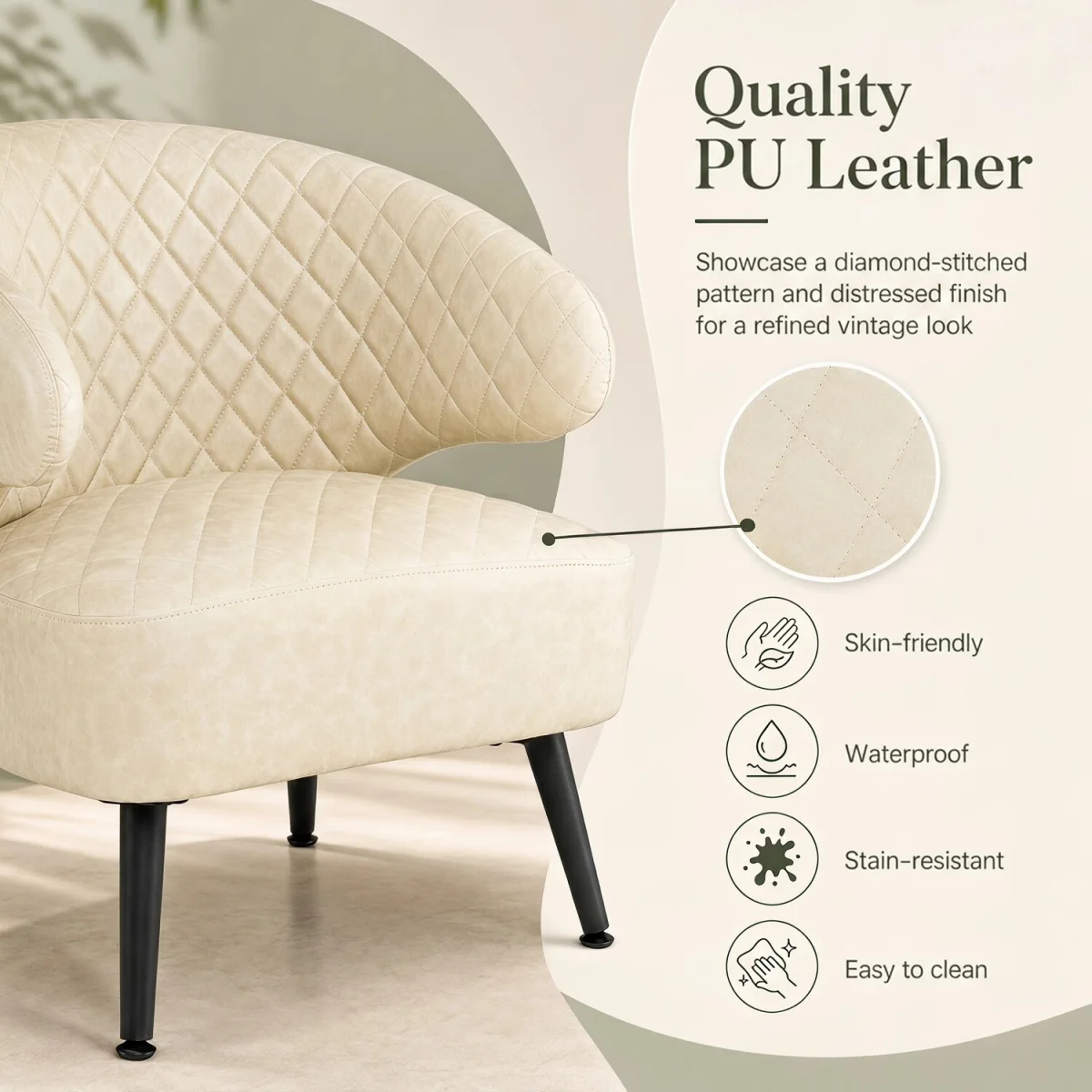 Mid Century Modern Upholstered Accent Chair with Comfy PU Leather - White – image 6