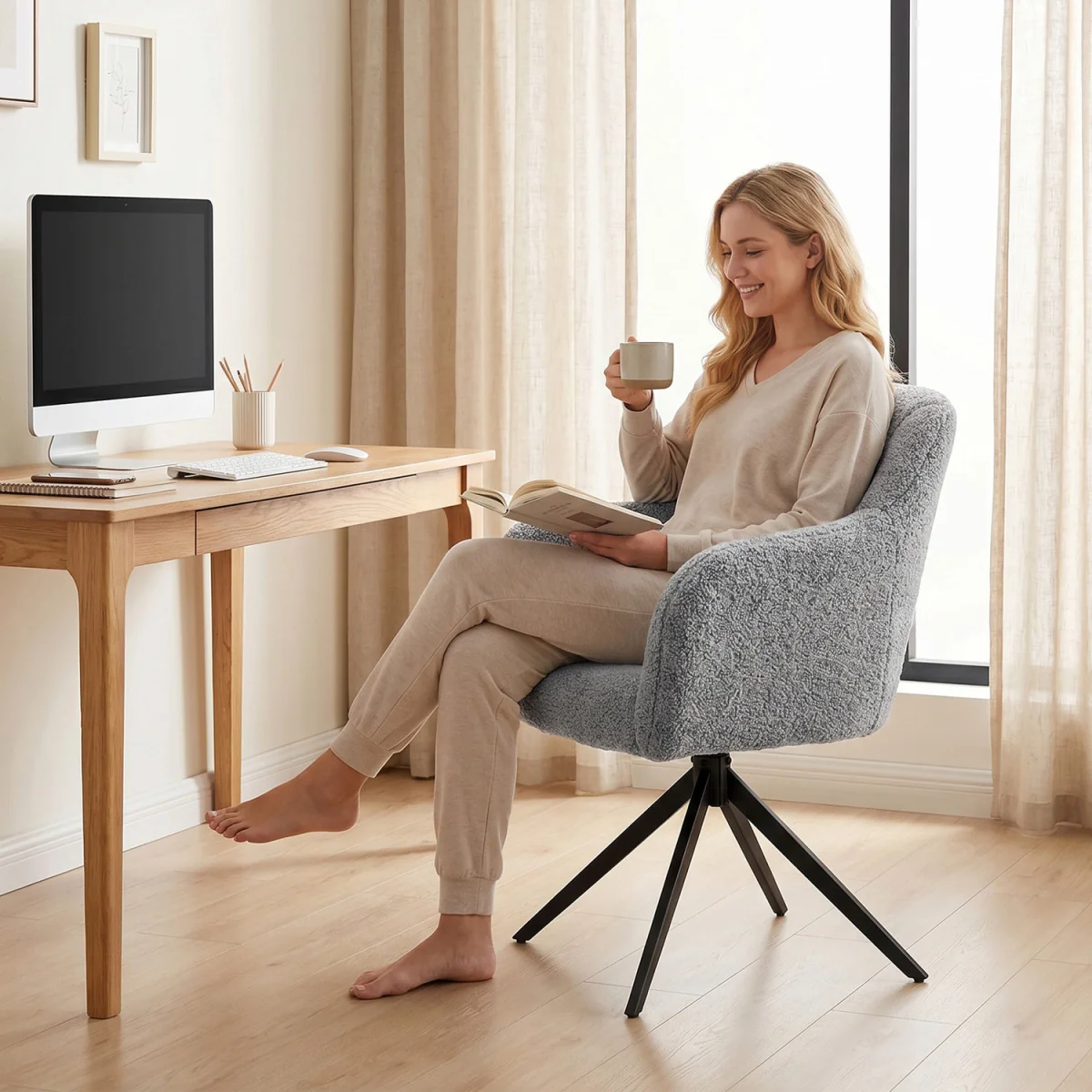 HOMCOM 360 Degree Swivel Accent Chair with Steel Legs for Bedroom - Grey – image 3