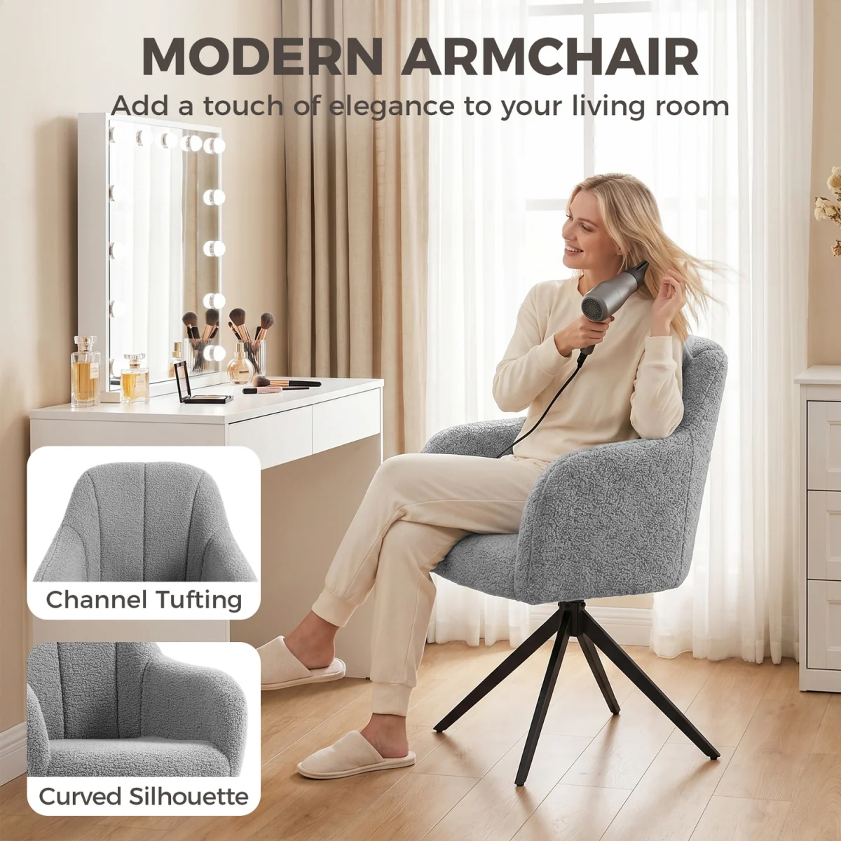 HOMCOM 360 Degree Swivel Accent Chair with Steel Legs for Bedroom - Grey – image 4