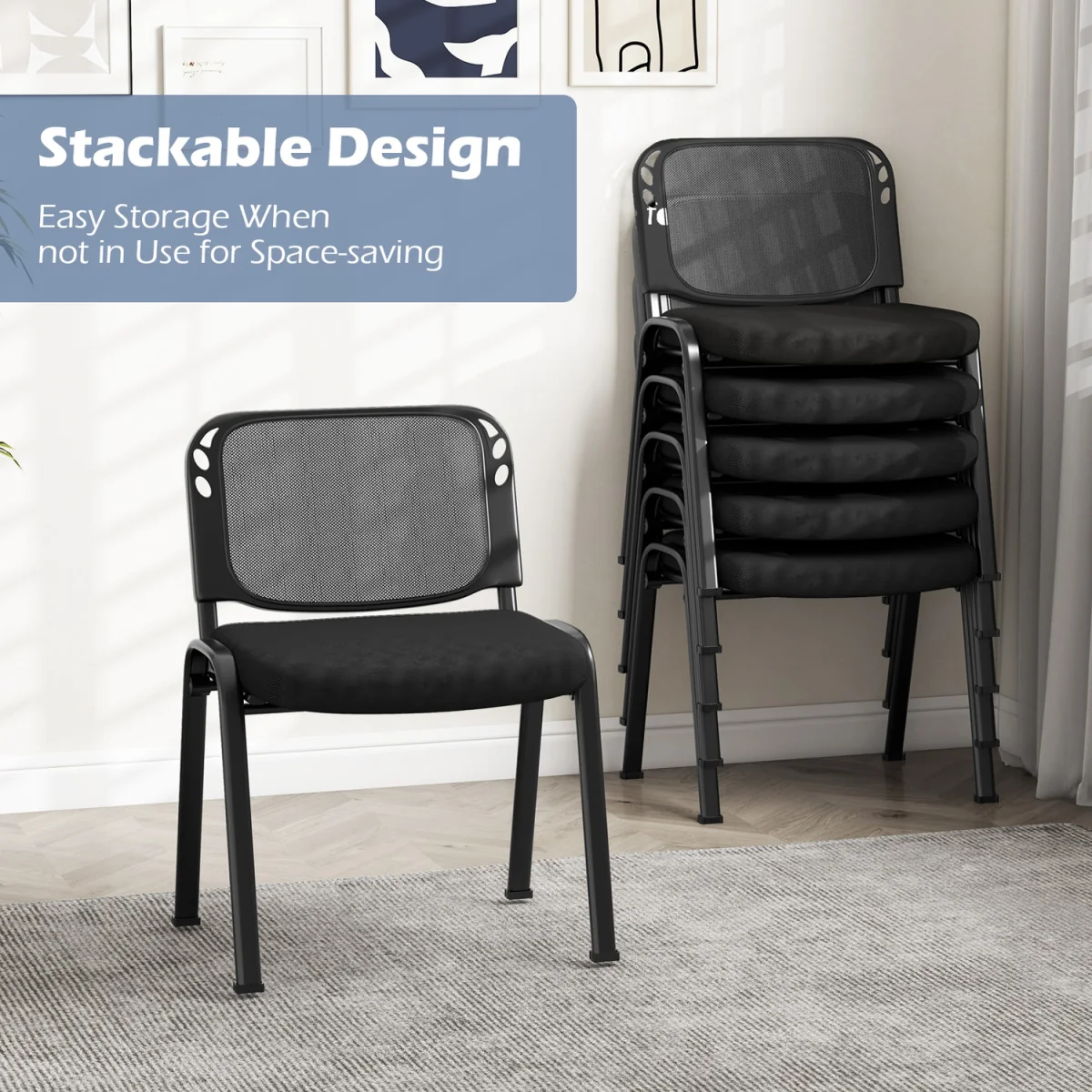 Set of 2 Stackable Ergonomic Mesh Conference Chairs - Black – image 7