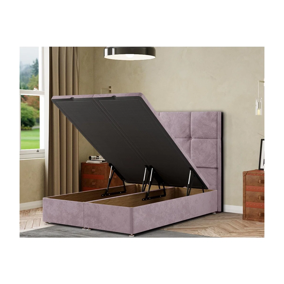 Jacob Ottoman Bed Floor Standing Headboard Matching Buttons Plush - Blush / Single