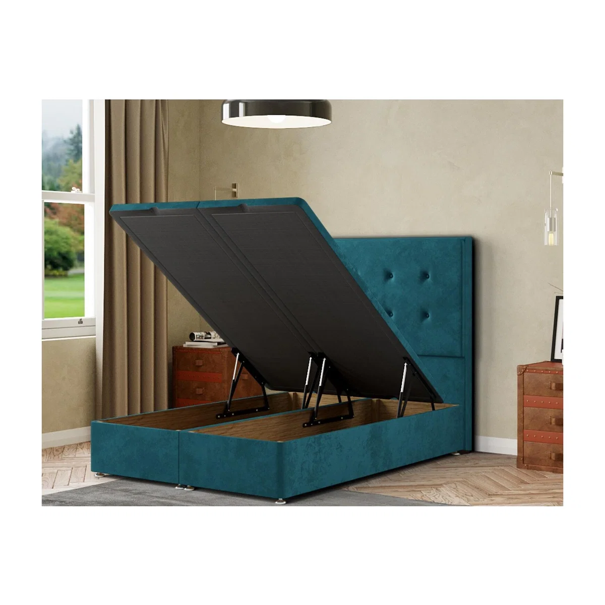 Darlington Ottoman Bed Floor Standing Headboard Matching Buttons Plush - Emerald / Single – image 1