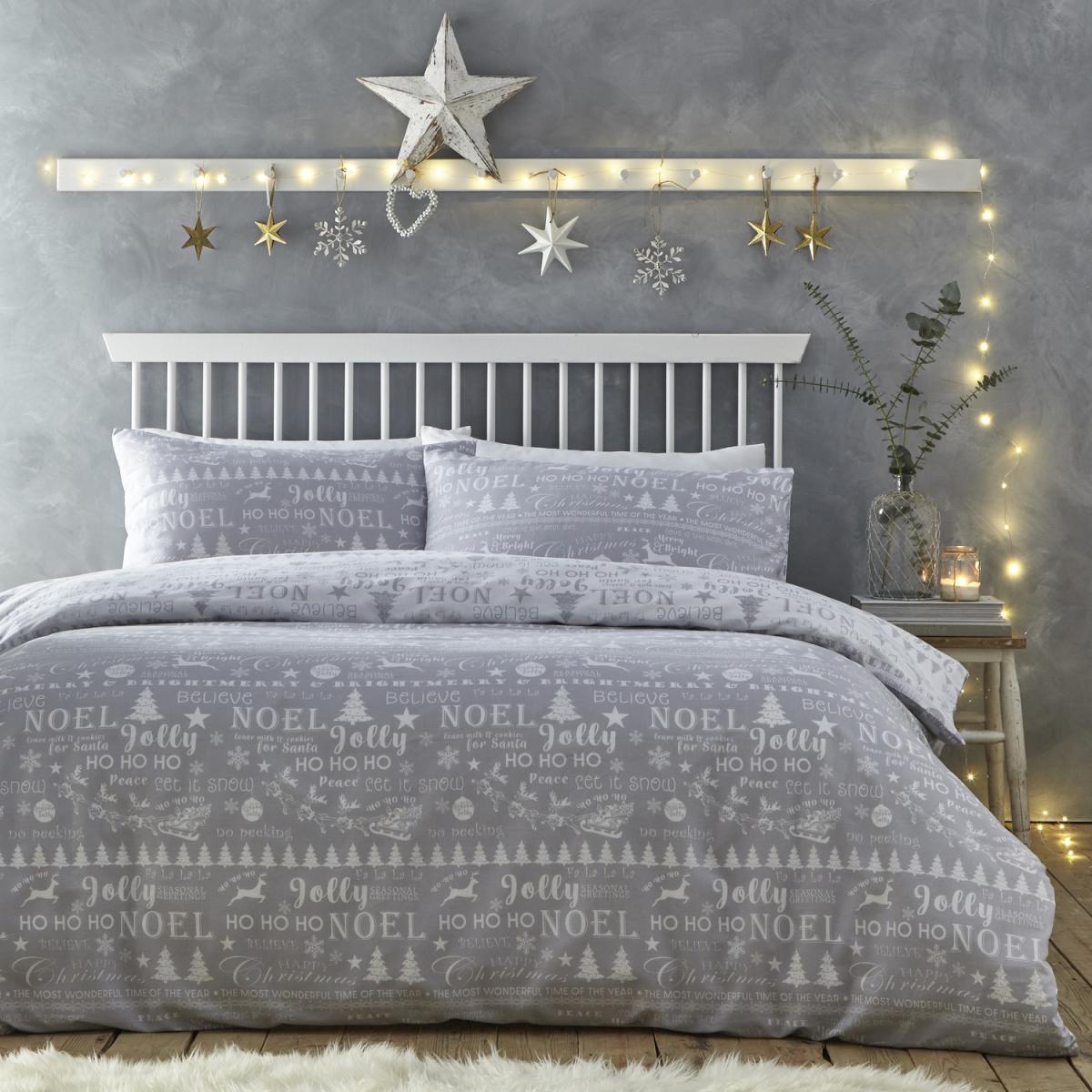 Jolly Christmas Silver and White Kingsize Duvet Cover Set - Jolly Christmas King Silver and White Duvet Set – image 1