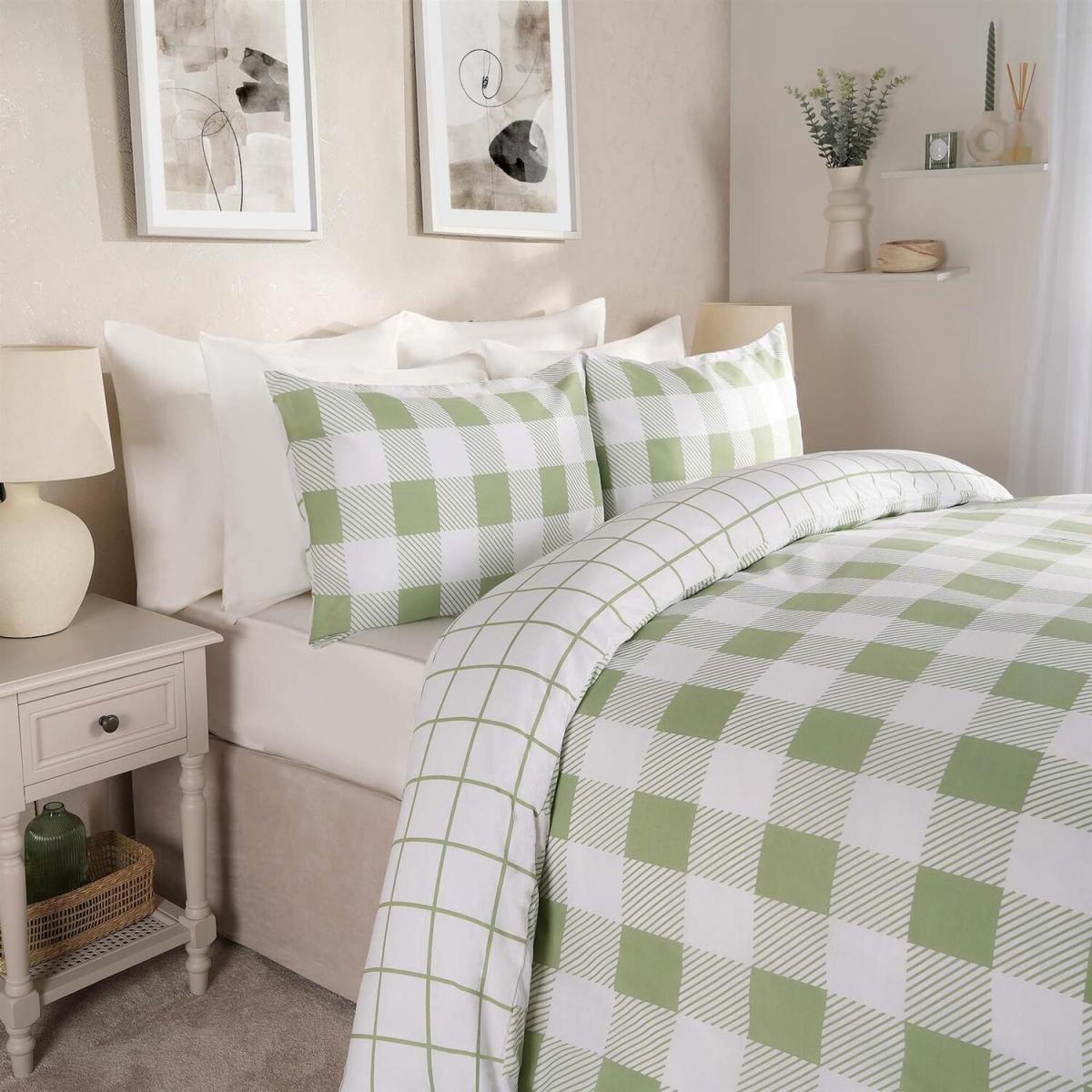 Dreamscene Check Gingham Printed Reversible Duvet Set - Sage / King – image 2