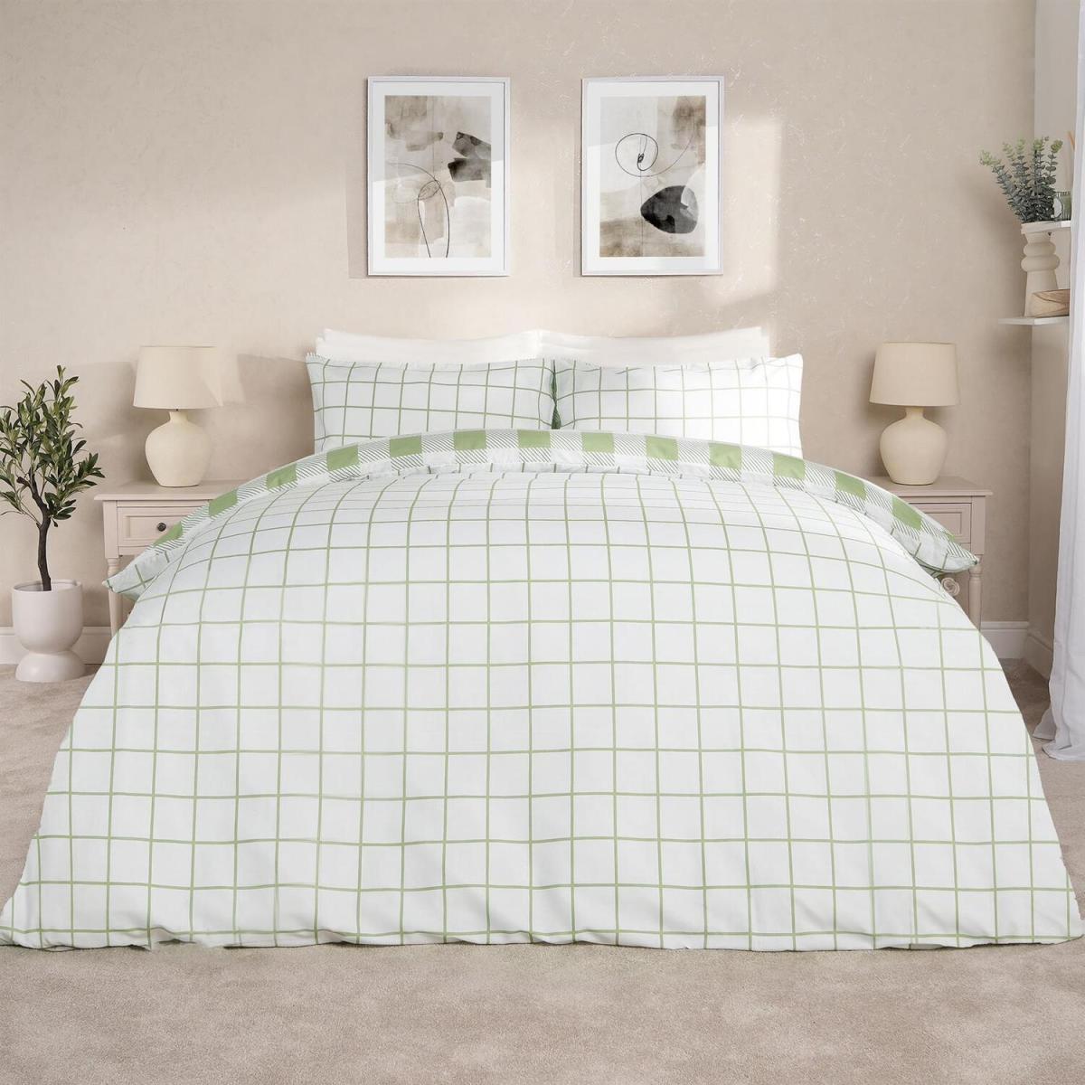 Dreamscene Check Gingham Printed Reversible Duvet Set - Sage / King – image 6
