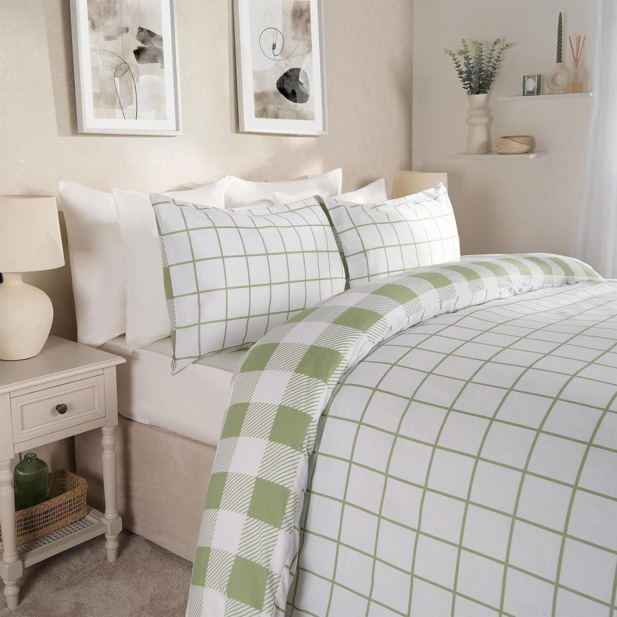 Dreamscene Check Gingham Printed Reversible Duvet Set - Sage / King – image 7