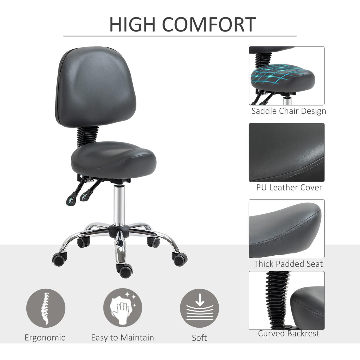 Saddle Stool PU Leather Salon Chair for Massage Spa Clinic Beauty Tattoo - Grey – image 3
