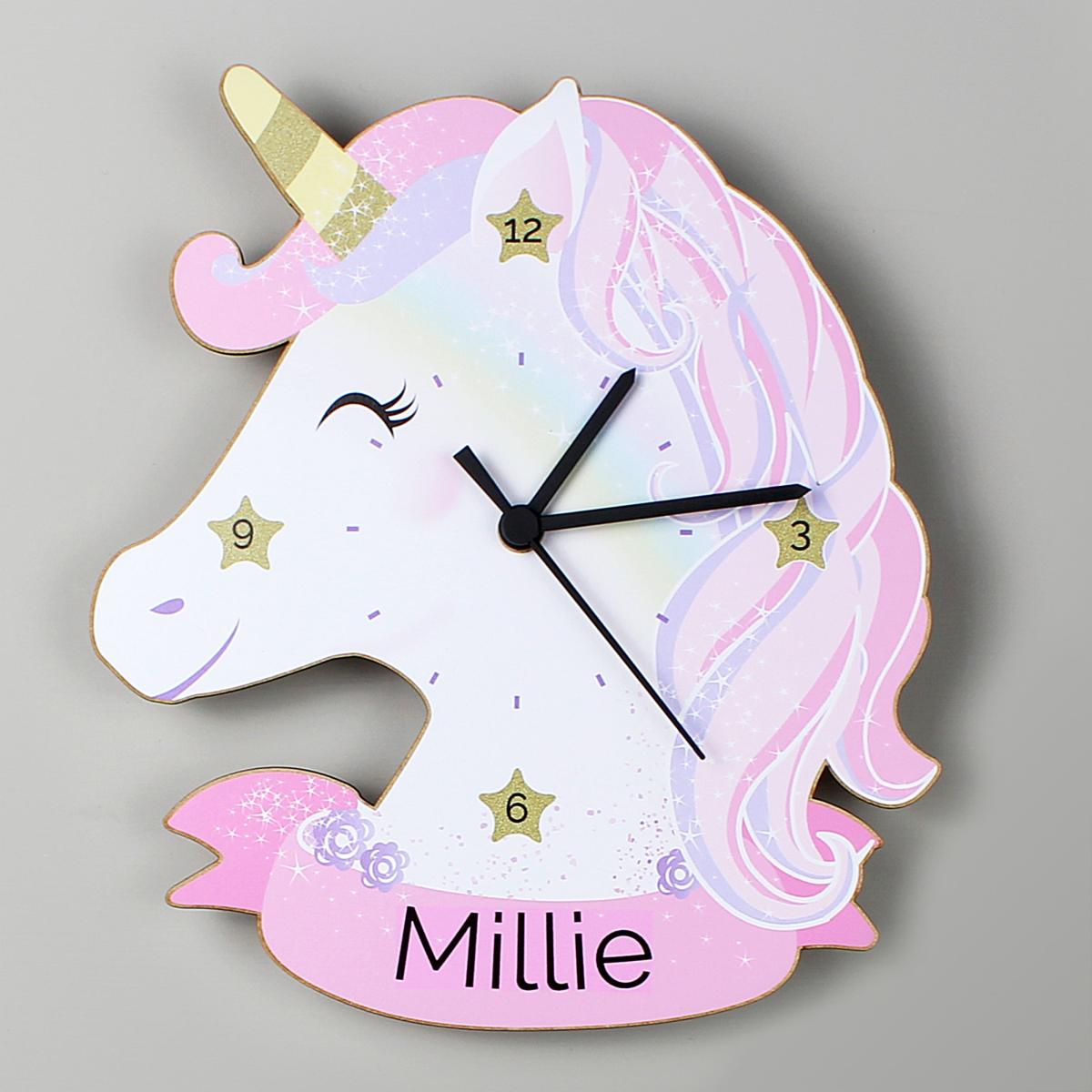 Personalised Unicorn Shape Wooden Clock White – image 2