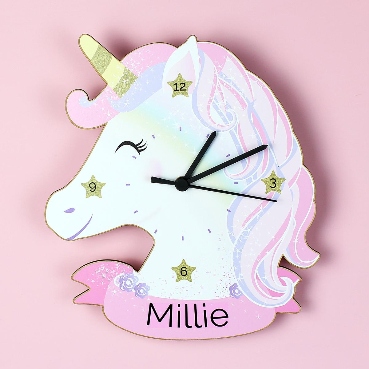 Personalised Unicorn Shape Wooden Clock White – image 3