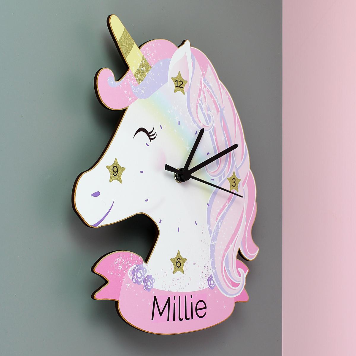 Personalised Unicorn Shape Wooden Clock White – image 4