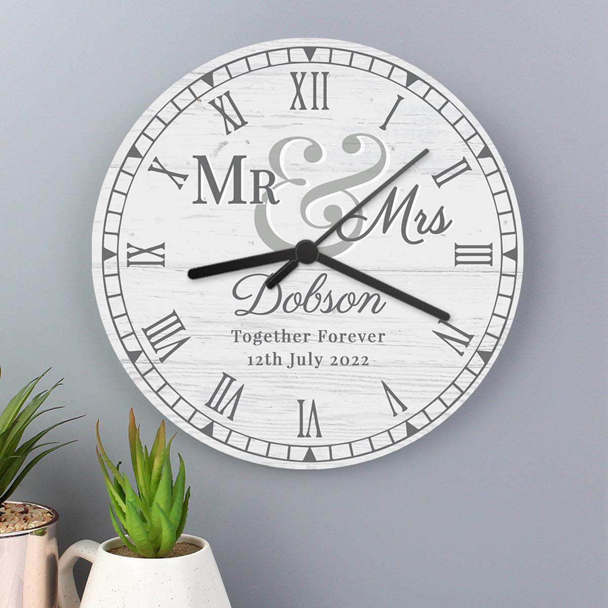 Personalised Mr and Mrs Wooden Clock White – image 2