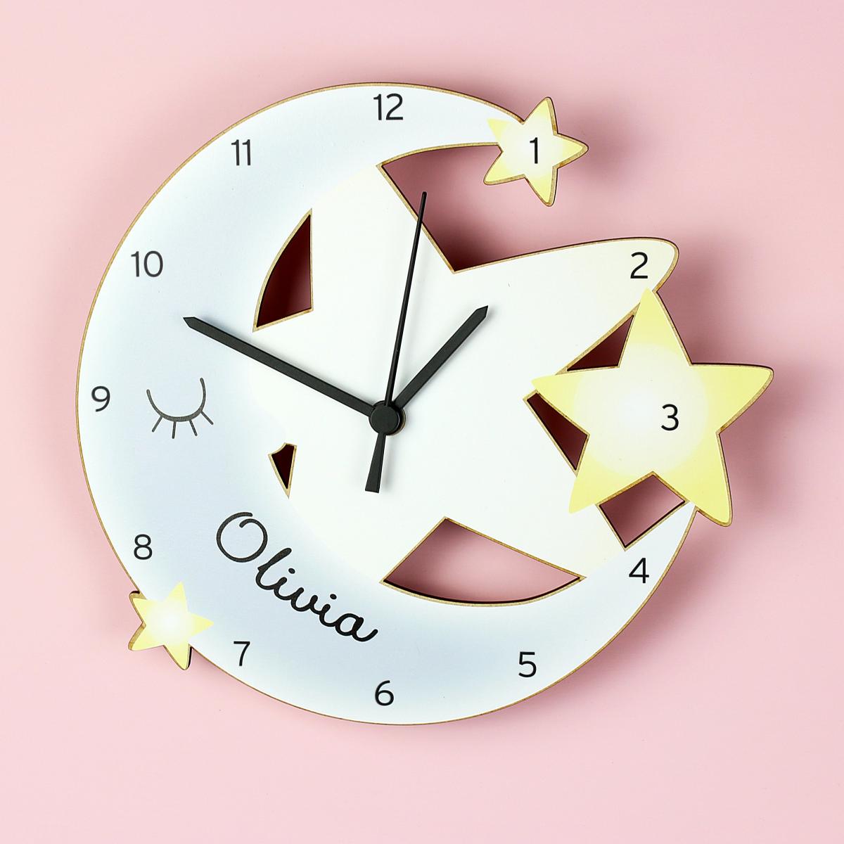 Personalised Moon and Stars Shape Wooden Wall Clock White – image 2