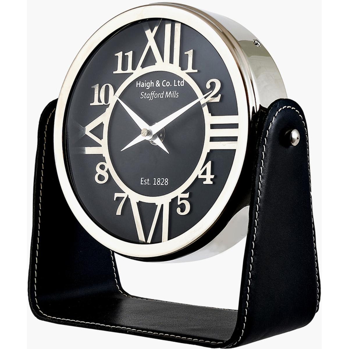 Leather and Metal Table Desk Clock - Black and Silver – image 2