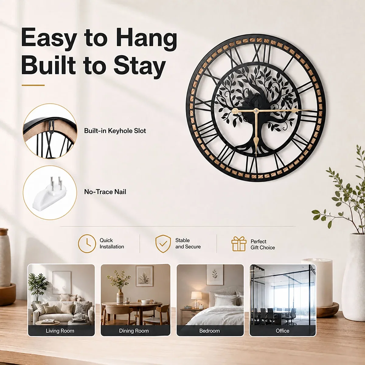 Wall Clock Silent Quartz Tree Design 40Cm Face For Living Room Black - Black – image 2