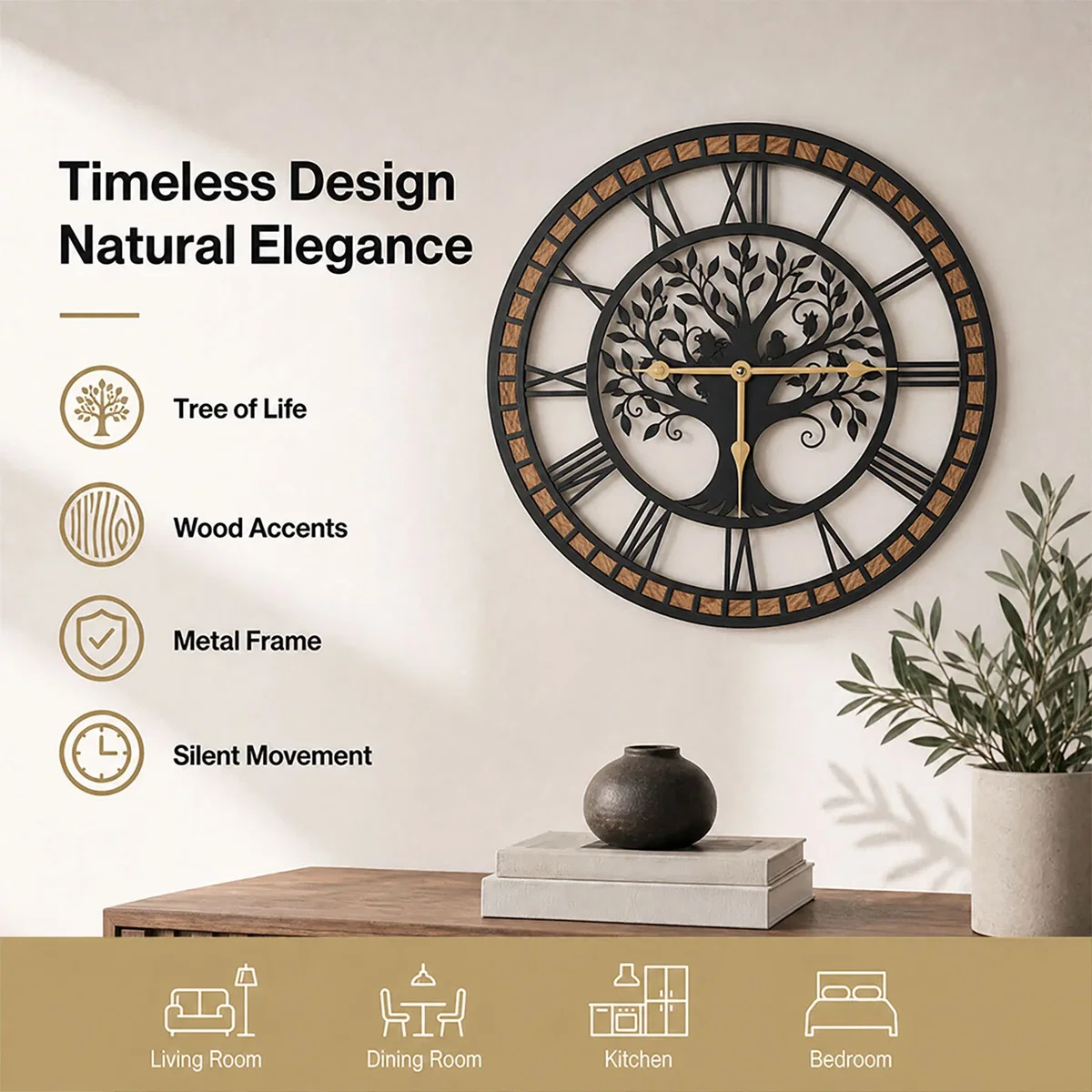 Wall Clock Silent Quartz Tree Design 40Cm Face For Living Room Black - Black – image 5