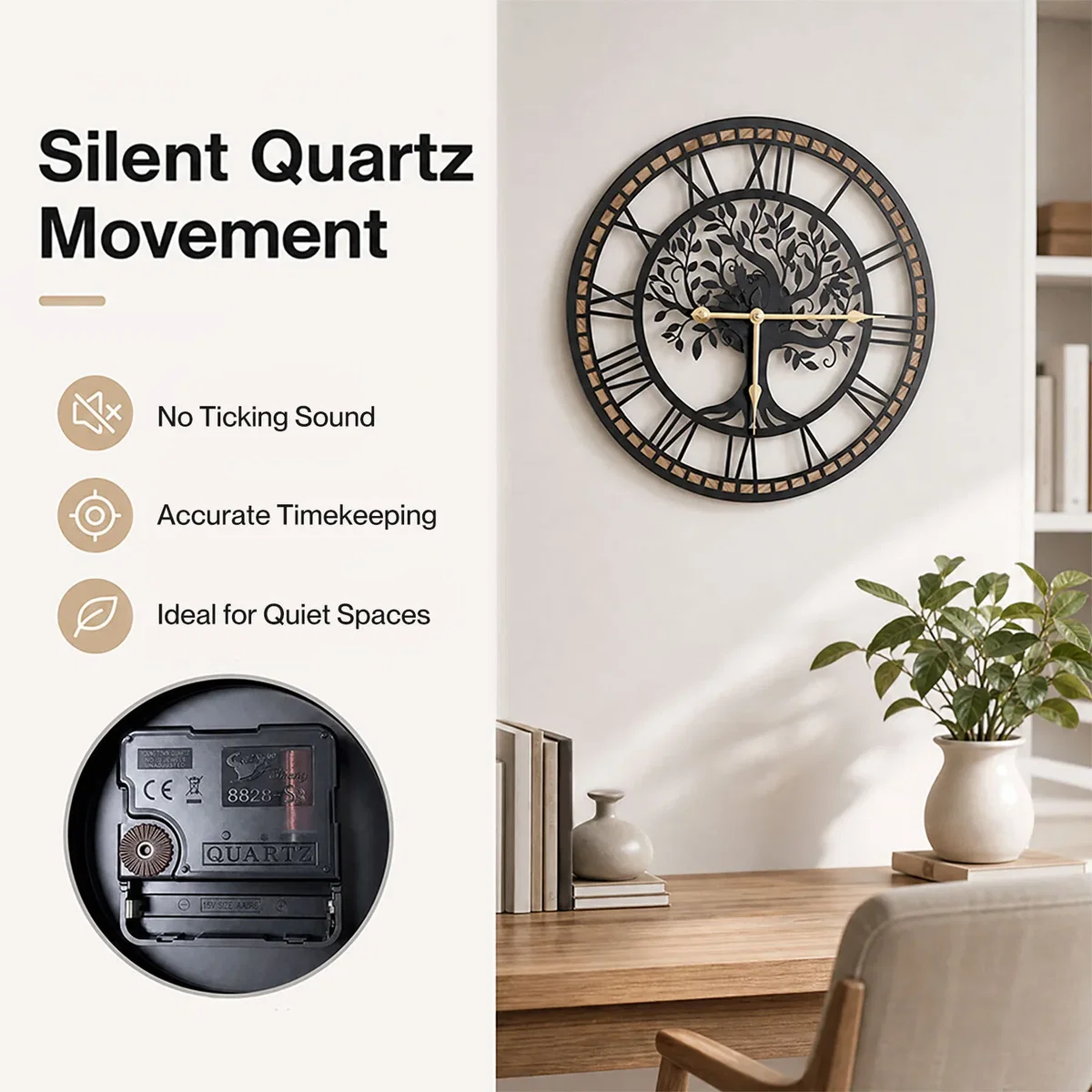 Wall Clock Silent Quartz Tree Design 40Cm Face For Living Room Black - Black – image 6