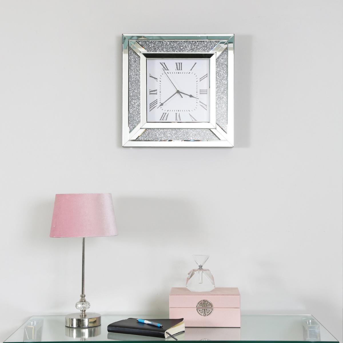 Silver Glitter 40cm Mirrored Square Wall Clock - Silver – image 4