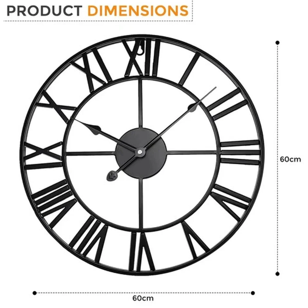 60CM Large Skeleton Metal Roman Wall Clock - Black – image 3
