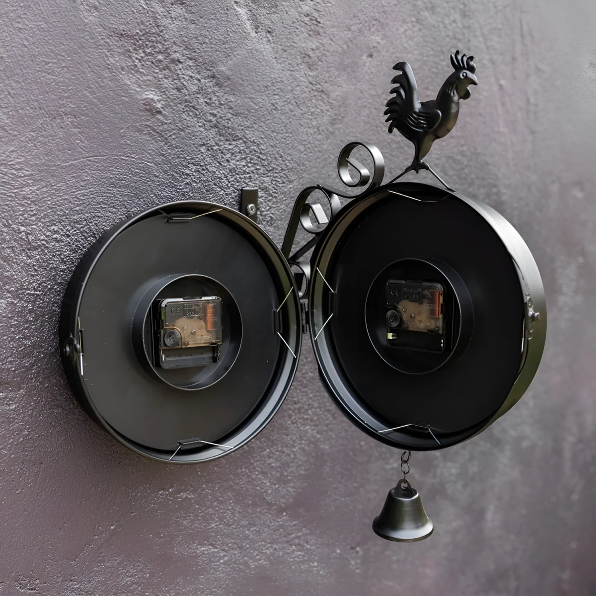 Double Sided Station Wall Clock with Bell Cockerel Black Bracket 30cm - Black – image 6
