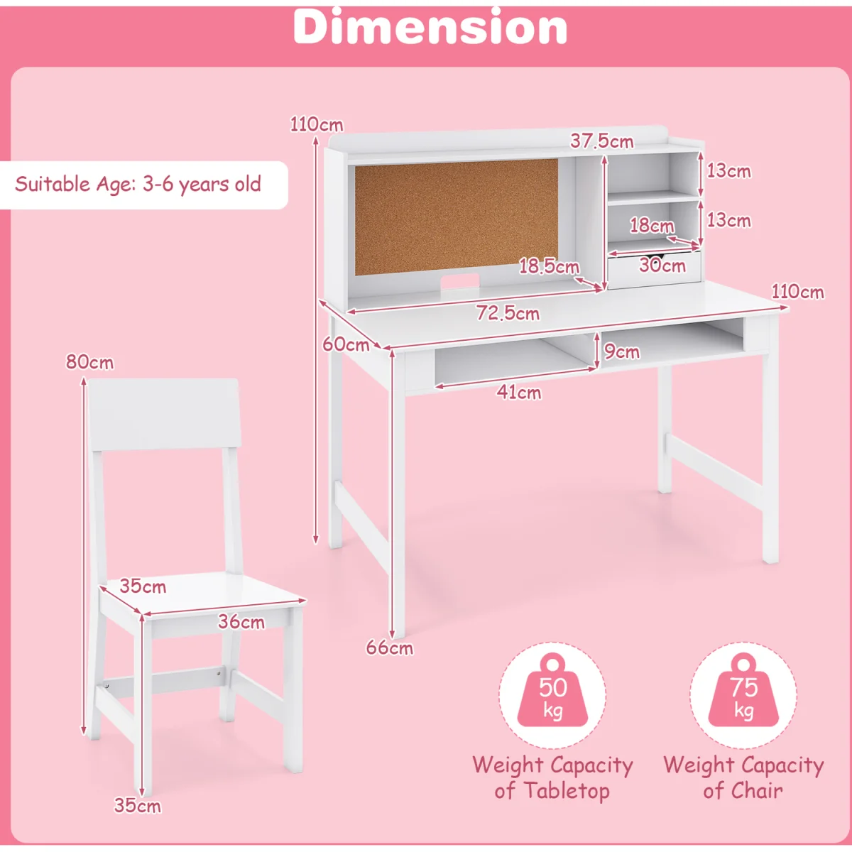 Kids Study Desk and Chair Set - White – image 3