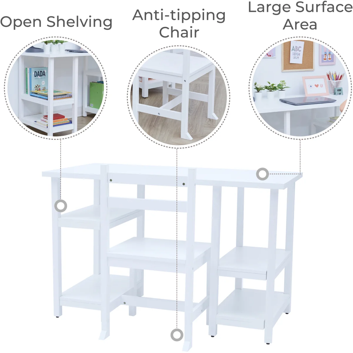 Kids Wooden Desk & Chair Set with Large Desktop and Open Shelving - White – image 4