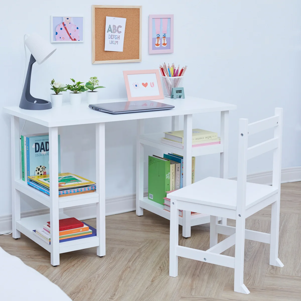 Kids Wooden Desk & Chair Set with Large Desktop and Open Shelving - White – image 6
