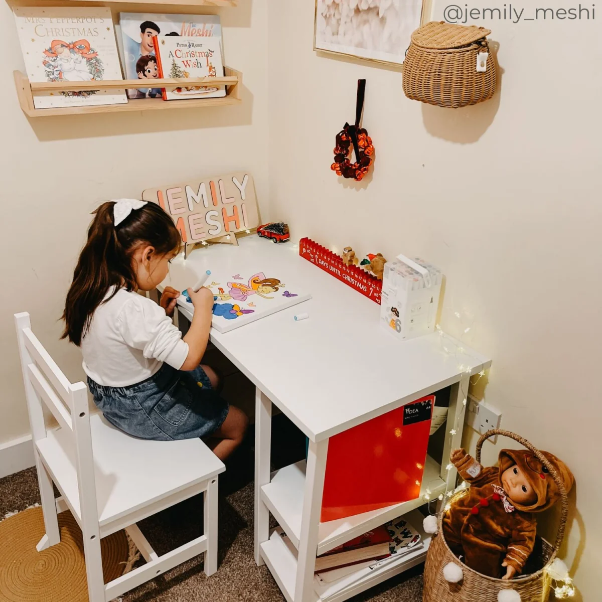 Kids Wooden Desk & Chair Set with Large Desktop and Open Shelving - White – image 7