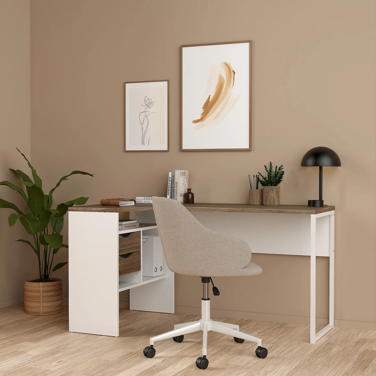 Function Plus Corner Desk 2 Drawers - White & Truffle Oak – image 1