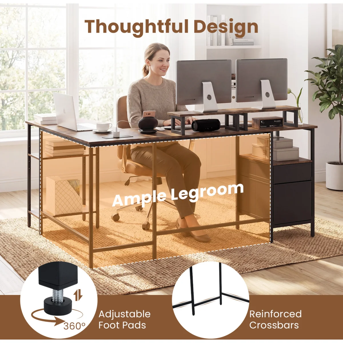 L shaped Reversible Corner Desk with Monitor Stand-White - Brown – image 2