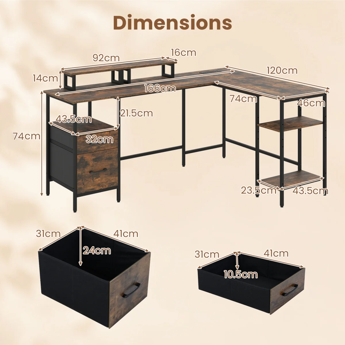 L shaped Reversible Corner Desk with Monitor Stand-White - Brown – image 3