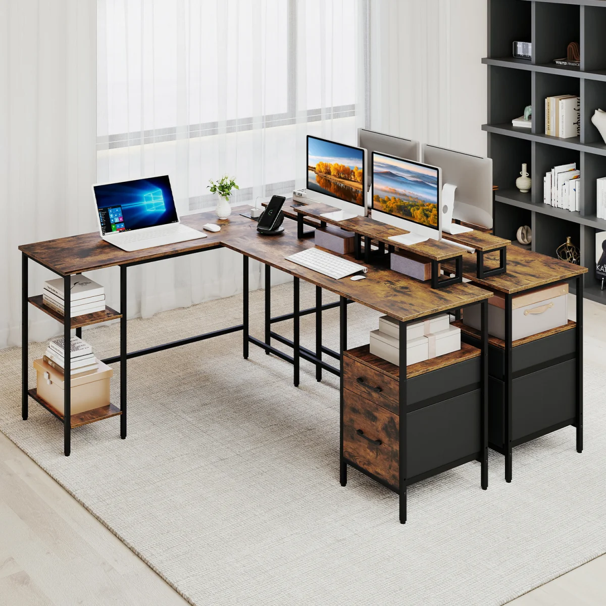 L shaped Reversible Corner Desk with Monitor Stand-White - Brown – image 4