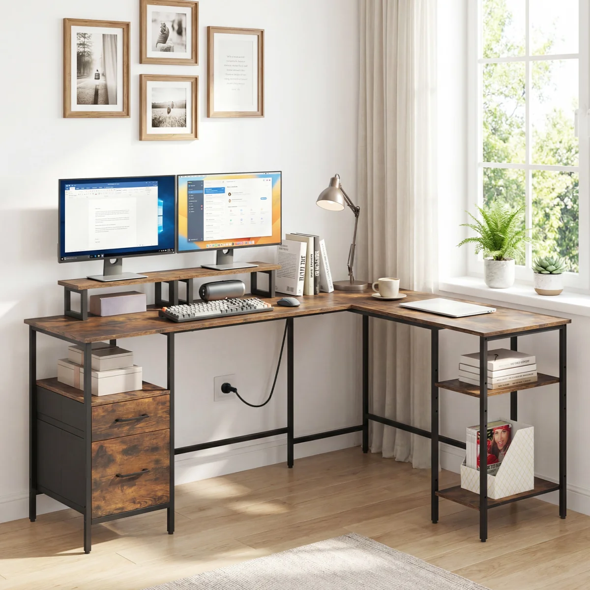 L shaped Reversible Corner Desk with Monitor Stand-White - Brown – image 5
