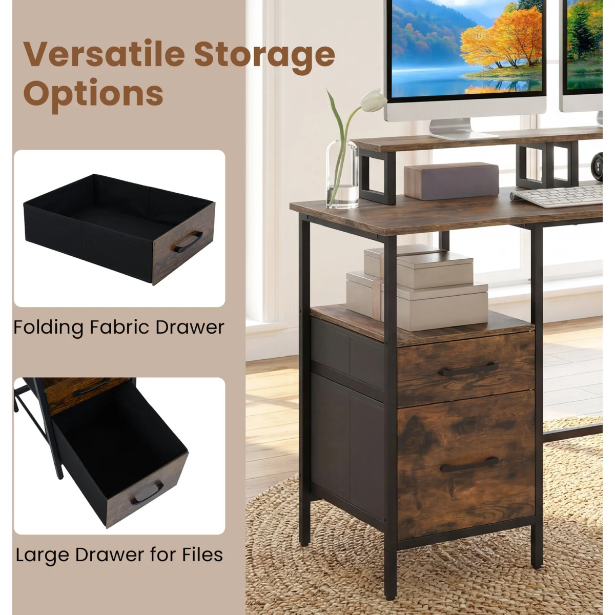 L shaped Reversible Corner Desk with Monitor Stand-White - Brown – image 7