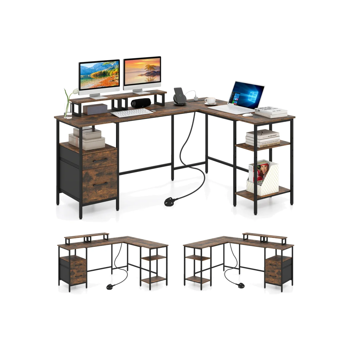 L shaped Reversible Corner Desk with Monitor Stand-White - Brown – image 1